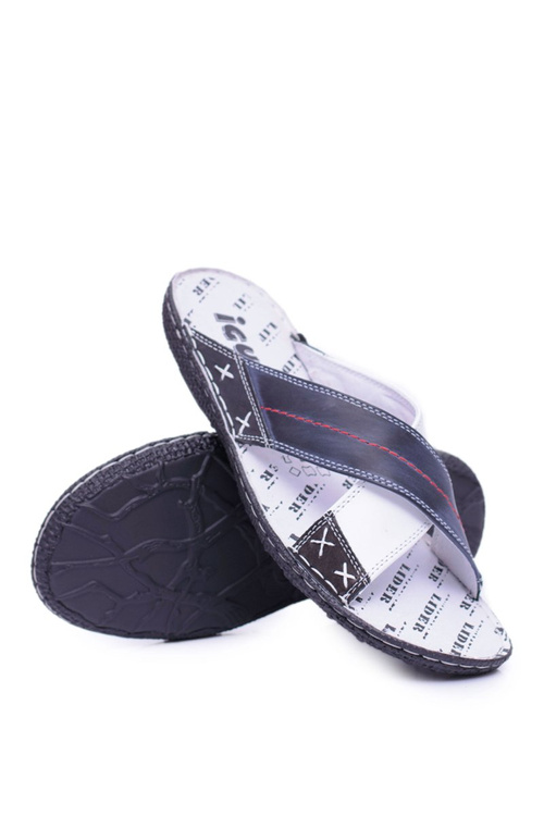 Granatowe Lekkie Skórzane Męskie Klapki Okay