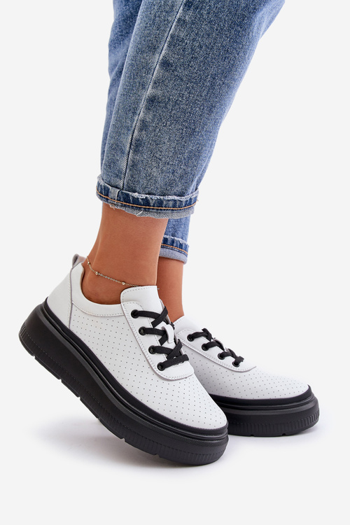 Buty Sportowe Damskie Na Platformie Skóra Naturalna Białe 41470 Vinceza