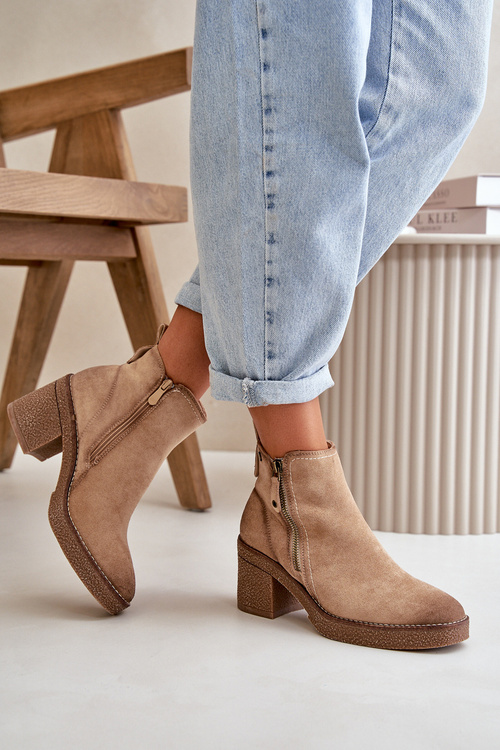 Ocieplane Botki Damskie Na Słupku Z Eko Zamszu Beżowe Velarilla