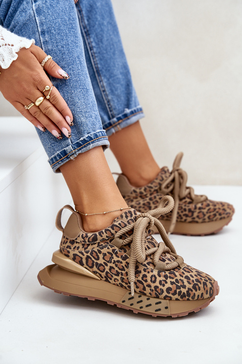 Zamszowe Sneakersy Damskie Na Platformie Z Grubym Sznurowaniem Panterka Artiker 55C0135 Brązowe