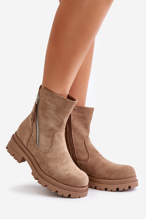 Botki Ocieplane Na Płaskim Obcasie Z Eko Zamszu Beżowe Reloma