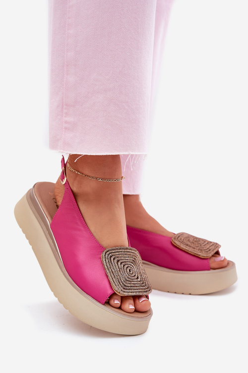 Zazoo 1786 Skórzane Sandały Damskie Na Platformie Z Ozdobą Fuksja