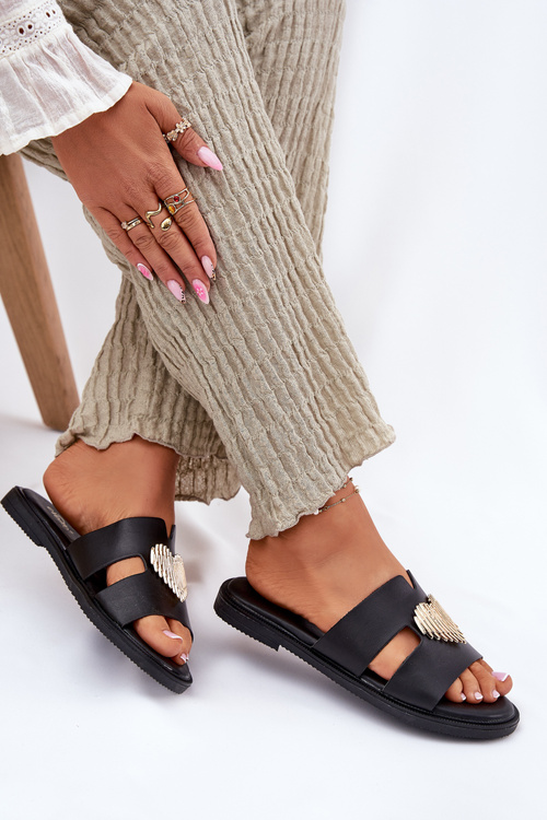 Klapki Damskie Na Płaskim Obcasie Ze Złotą Ozdobą Czarne Karinma