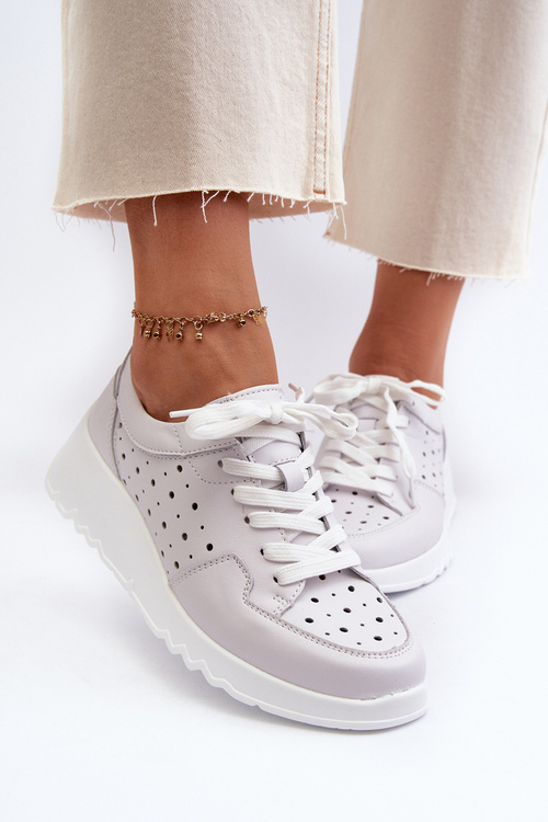 Ażurowe Damskie Sneakersy Na Koturnie Skóra Naturalna Jasnoszare S.Barski LR482