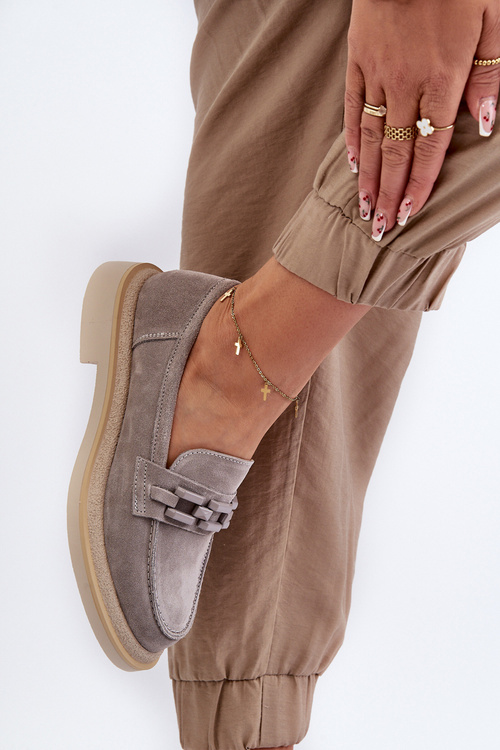 Mokasyny Damskie Zamszowe Na Płaskim Obcasie Z Ozdobą D&A TW101 Szare