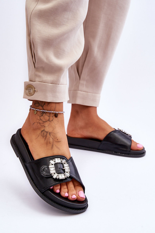 Damskie Klapki Na Platformie Z Ozdobą Czarne Beneca