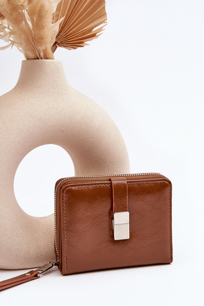 Damski Lakierowany Portfel Portmonetka Z Ekoskóry Brązowy Zalirna