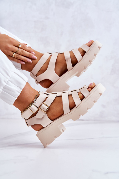 Skórzane Sandały Z Paseczkami Beżowe Minorite