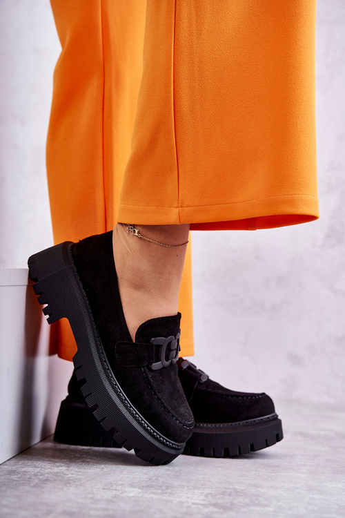 Damskie Półbuty Zamszowe Z Ozdobą Czarne Leeza