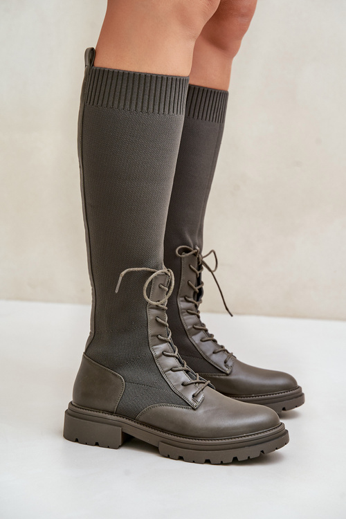 Wsuwane Kozaki Ze Skarpetkową Cholewką Ciemnozielone Iranel