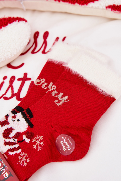 Skarpetki Świąteczne Dziecięce Z Futerkiem I Bałwanem Wełna Alpaka Czerwone