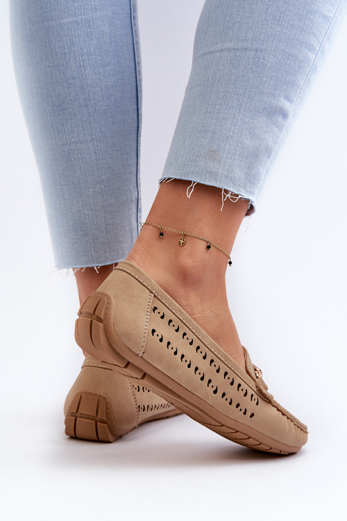 Mokasyny Damskie Ażurowe Z Ozdobą Brązowe Kaydance