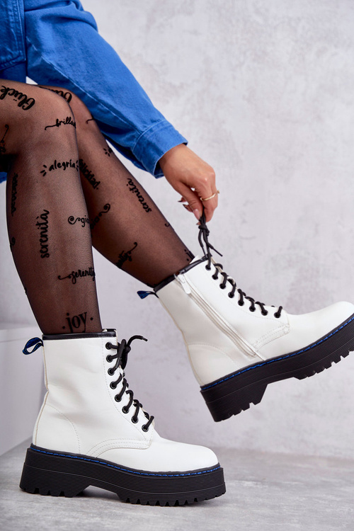 Damskie Wiązane Botki Glany Białe Callie