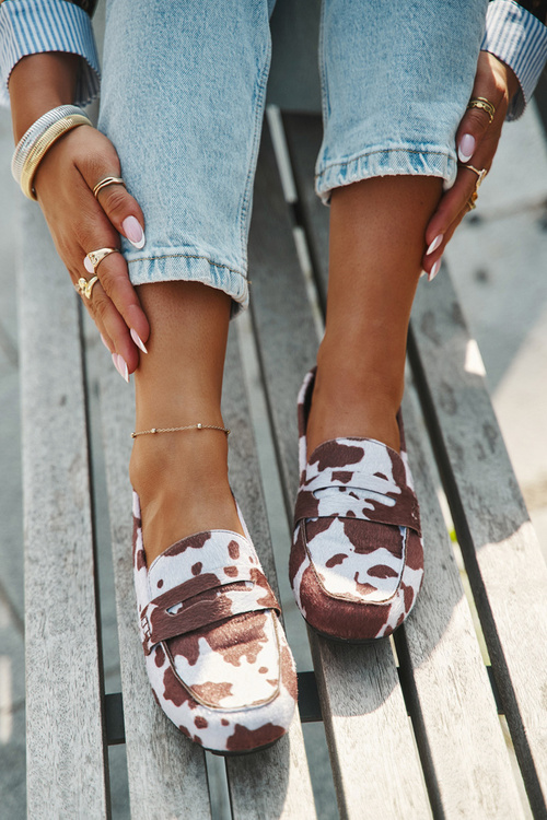 Loafersy Mokasyny Damskie Płaskie W Łaty Brązowo-Białe Roseline