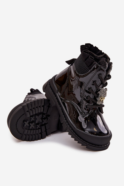 Lakierowane Botki Dziecięce Ocieplane Z Przypinką Miś Czarne Fionessa