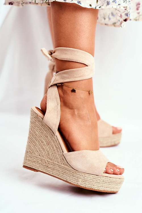 Sandały Damskie Na Koturnie Wiązane Beżowe Belleza