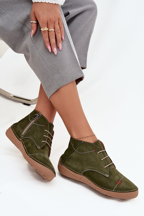 Skórzane Półbuty Damskie Z Przeszyciami Na Zamek Artiker 57C2119 Zielone