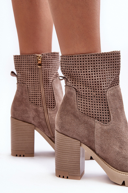 Zamszowe Ażurowe Botki Damskie Na Słupku Beżowe Lewski 3386