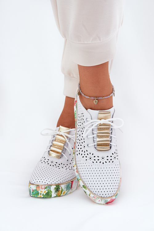 Skórzane Półbuty Damskie Na Koturnie Artiker 56C1800 Biało-Złote