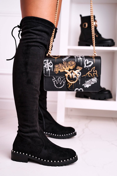 Kozaki Za Kolano Z Perełkami Zamszowe Czarne Isabel