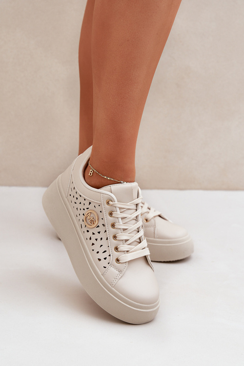 Ażurowe Sneakersy Ze Złotym Detalem Beżowe Cassildi