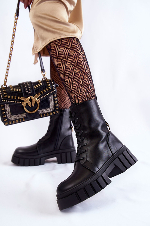 Skórzane Ocieplane Botki Na Platformie Czarne Telisa