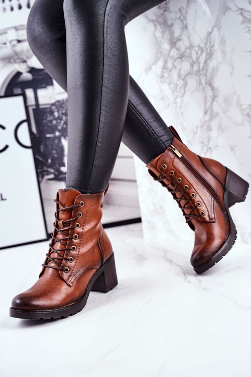 Botki Damskie Na Słupku Ocieplane Brązowe Fiber