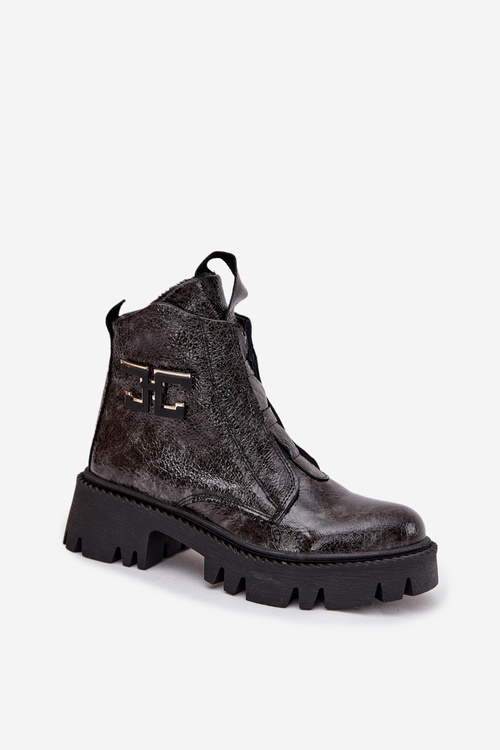 Skórzane Lakierowane Botki Damskie Z Ozdobą Ocieplane Artiker 57C2081 Grafitowe