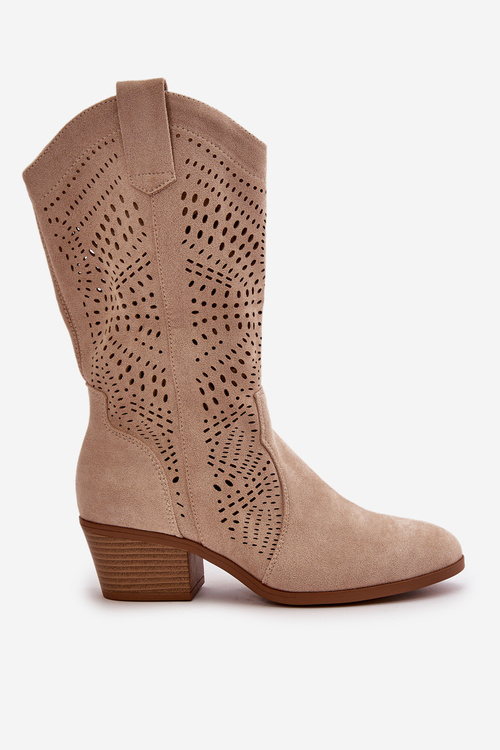 Ażurowe Damskie Botki Kowbojki Na Obcasie Beżowe Iceda