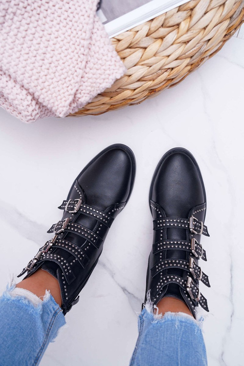 Damskie Botki Nity Klamry Czarne Berugio