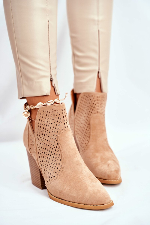 Botki Damskie Na Słupku Zamszowe Ażurowe Beżowe Shades