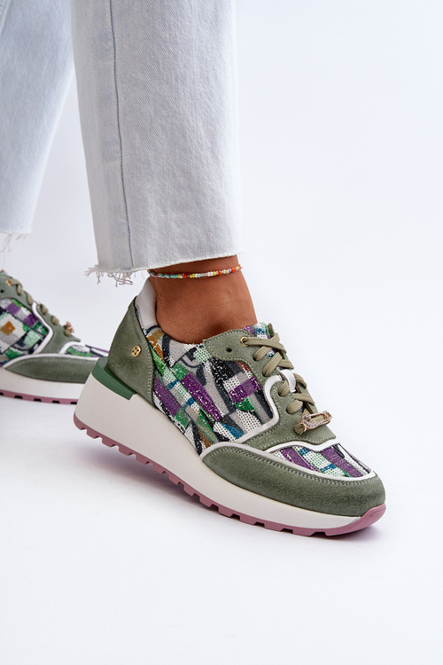 Skórzane Sneakersy Damskie Na Platformie Maciejka 06390-09 Seledynowe