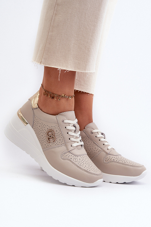 Damskie Skórzane Sneakersy Na Koturnie Beżowe S.Barski LR810