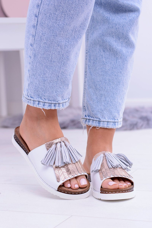 Skórzane Białe Eleganckie Klapki Maciejka Resto