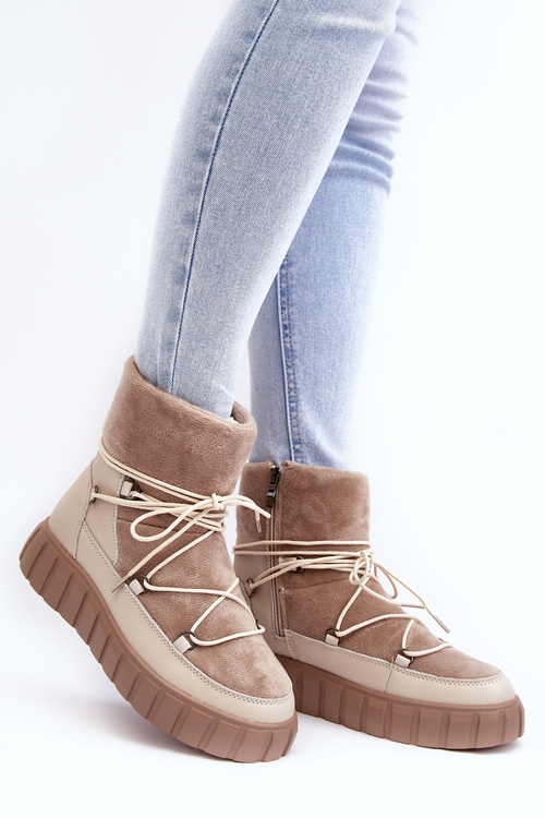 Skórzane Śniegowce Botki Na Platformie Beżowe Maxava