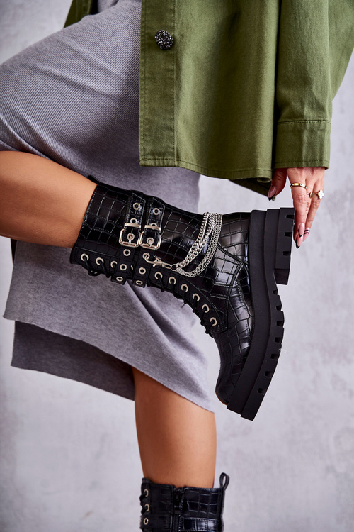 Wysokie Workery Botki Z Łańcuchem Wężowe Czarne Montero