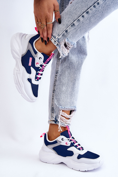 Damskie Lekkie Sportowe Buty Big Star LL274376 Biało-Granatowe