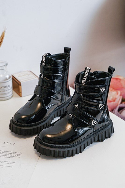 Lakierowane Ocieplane Botki Dziewczęce Czarne Rilina