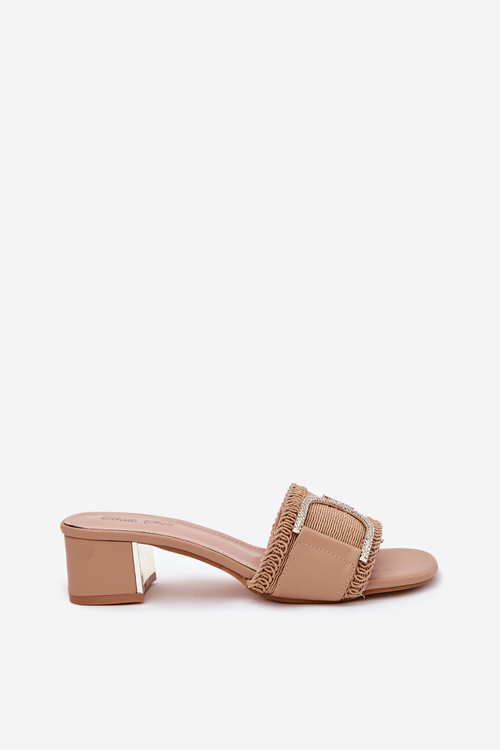 Damskie Klapki Na Obcasie Z Ozdobnym Detalem Ciemnobeżowe Julinemi