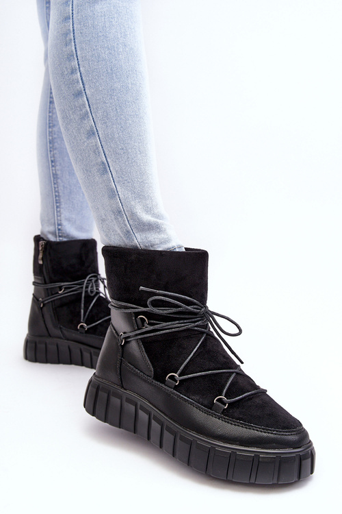 Skórzane Śniegowce Botki Na Platformie Czarne Maxava