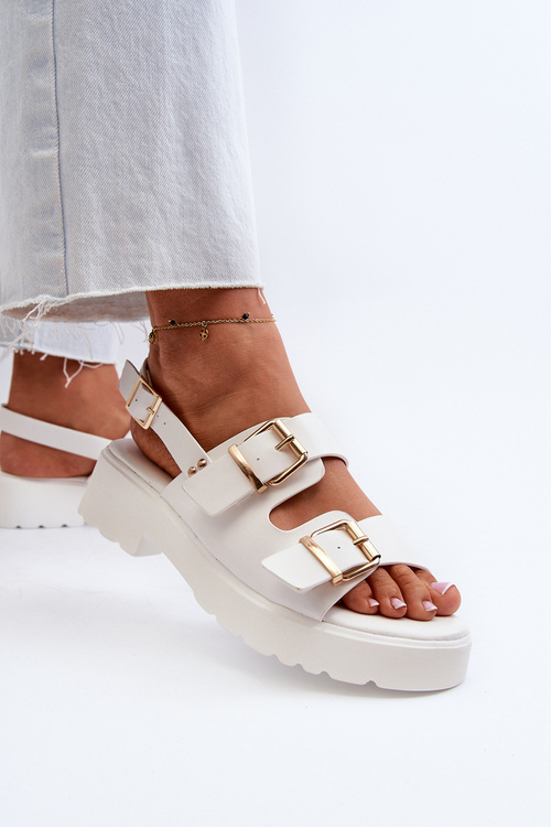 Sandały Damskie Z Klamrami Eko Skórzane Białe Konanttia