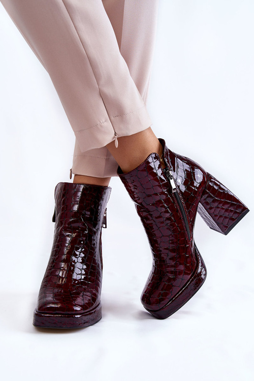 Skórzane Botki Na Obcasie Krokodyli Wzór Bordowe Alienore