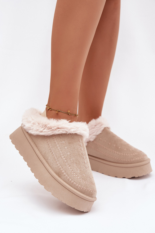 Śniegowce Damskie Na Platformie Z Futerkiem I Przeszyciami Jasnobeżowe Arelina