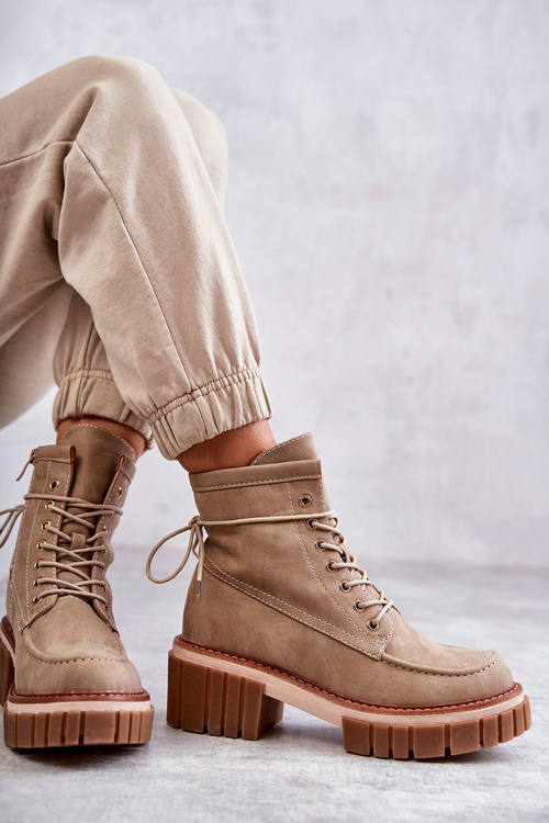 Damskie Modne Botki Ocieplane Beżowe Gerda