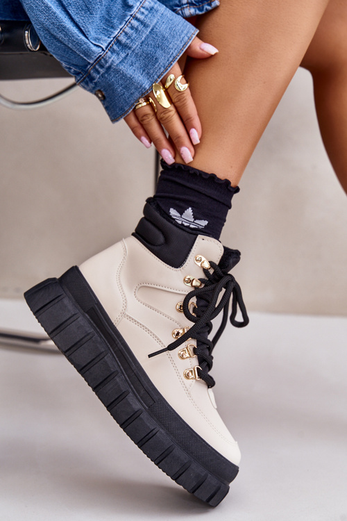 Damskie Ocieplane Botki Trapery Na Platformie Beżowe Jelenia