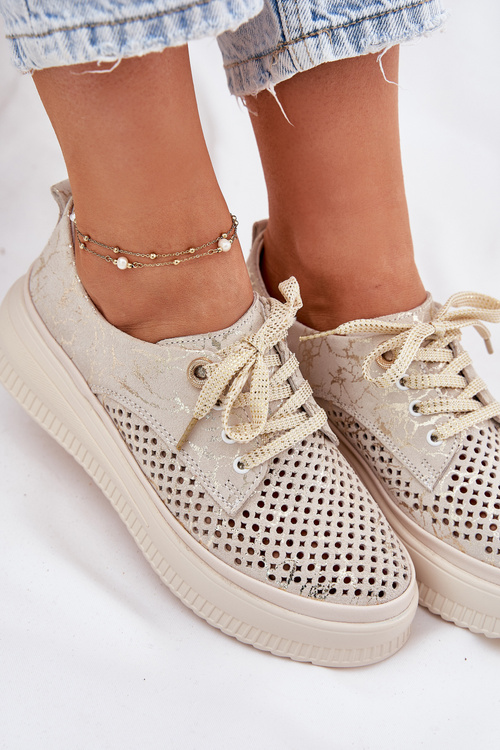 Zamszowe Ażurowe Półbuty Damskie Na Platformie Artiker 56C2108 Beżowo-Złote