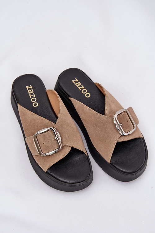 Zamszowe Klapki Damskie Z Klamrą Na Platformie Zazoo 3019 Beżowe