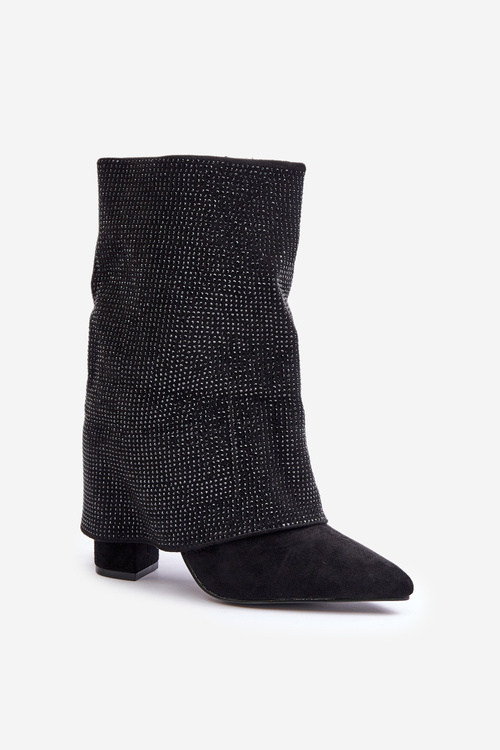 Zdobione Błyszczące Botki Z Wywiniętą Cholewką Na Słupku Ocieplane Czarne Xistaria