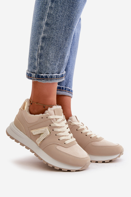 Sneakersy Buty Sportowe Damskie Ocieplane Kożuchem Beżowe Ciamara