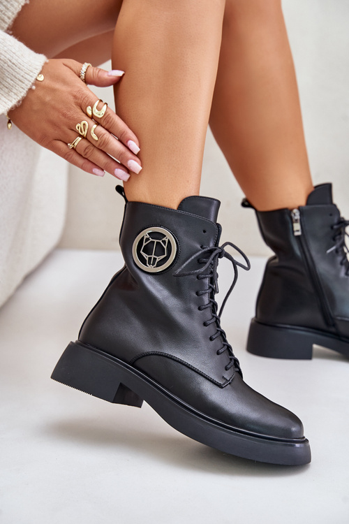 Skórzane Botki Workery Ocieplane Na Zamek Z Ozdobą Czarne Lorevine